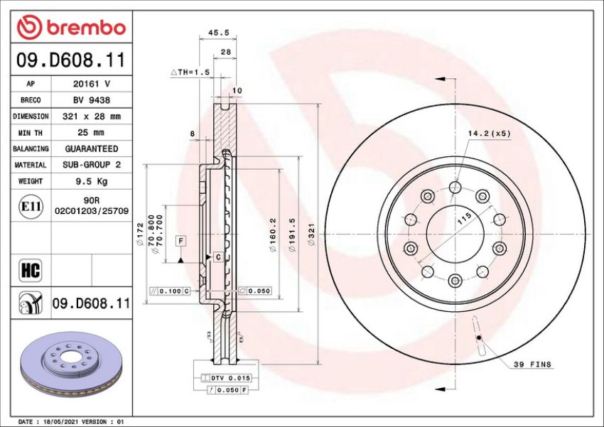 Brembo 09.D608.11 Premium Coated Vented Brake Rotor