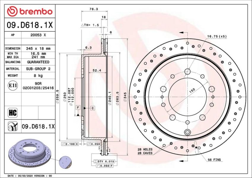 Brembo 09.D618.1X Premium UV Coated Xtra Cross Drilled Brake Rotor