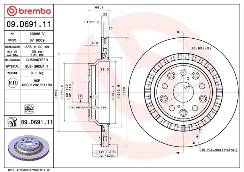 Brembo 09.D691.11 Premium Coated Vented Brake Rotor