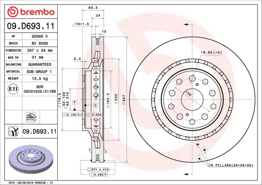Brembo 09.D693.11 Premium Coated Vented Brake Rotor