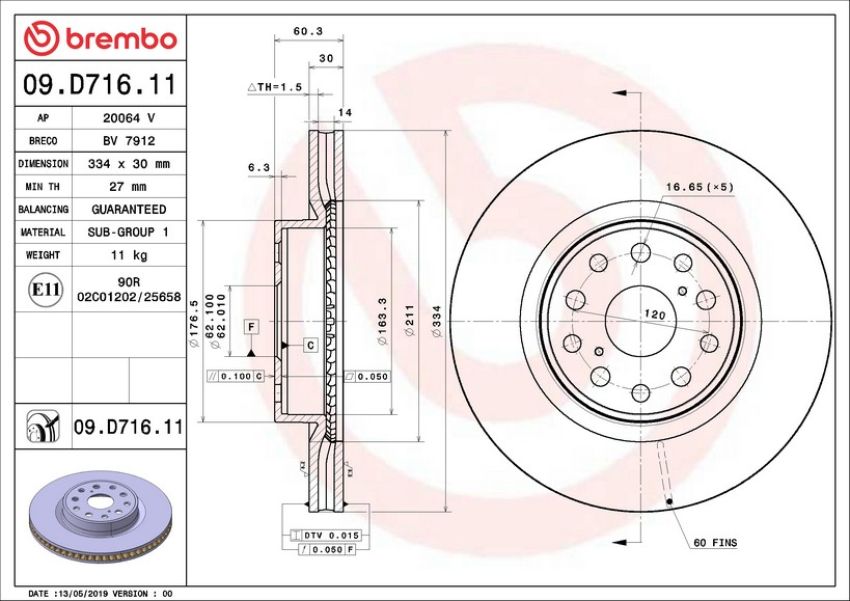Brembo 09.D716.11 Premium Coated Vented Brake Rotor