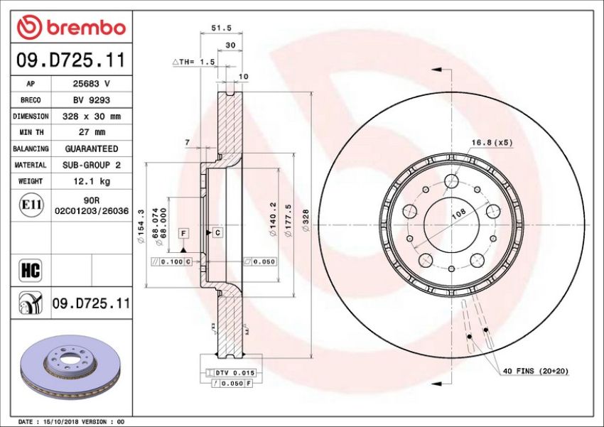 Brembo 09.D725.11 Premium Coated Vented Brake Rotor