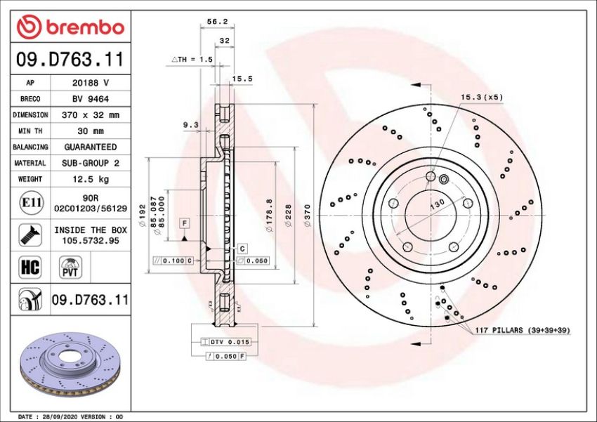 Brembo 09.D763.11 Premium Coated Vented Brake Rotor