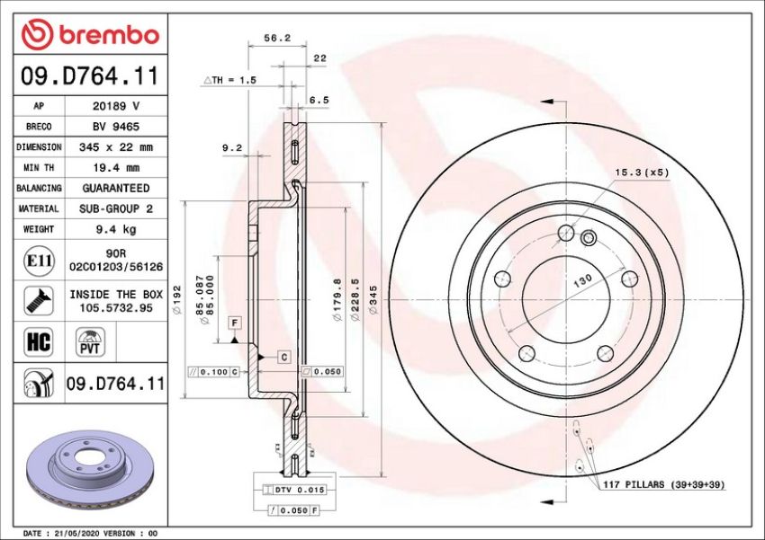 Brembo 09.D764.11 Premium Coated Vented Brake Rotor