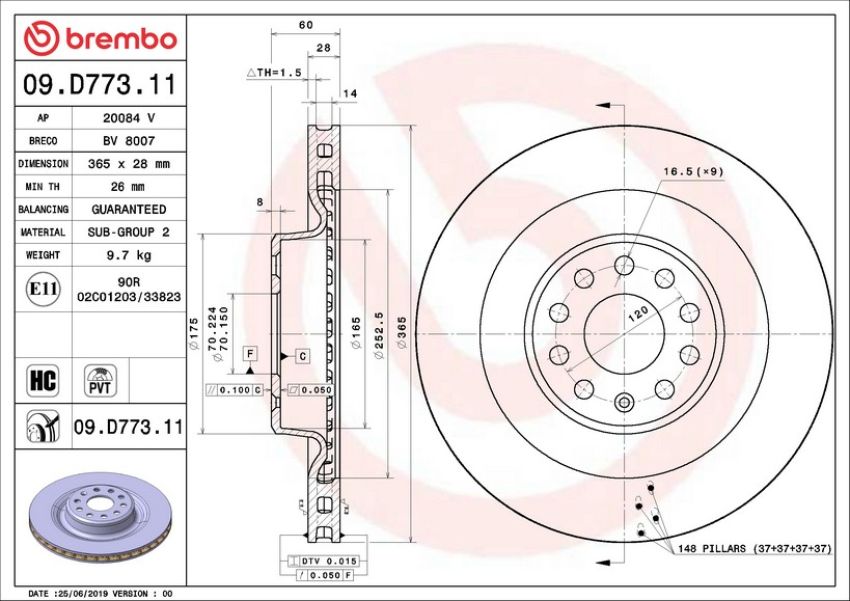 Brembo 09.D773.11 Premium Coated Vented Brake Rotor
