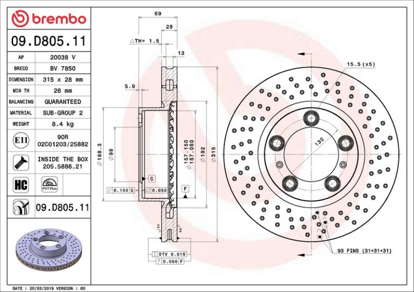 Brembo 09.D805.11 Premium Coated Vented Brake Rotor
