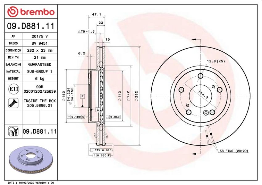 Brembo 09.D881.11 Premium Coated Vented Brake Rotor