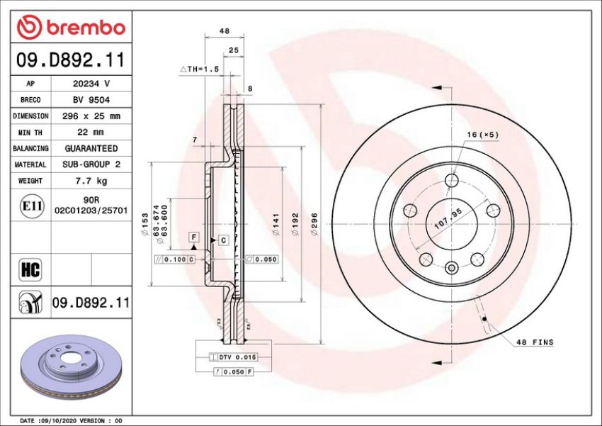 Brembo 09.D892.11 Premium Coated Vented Brake Rotor