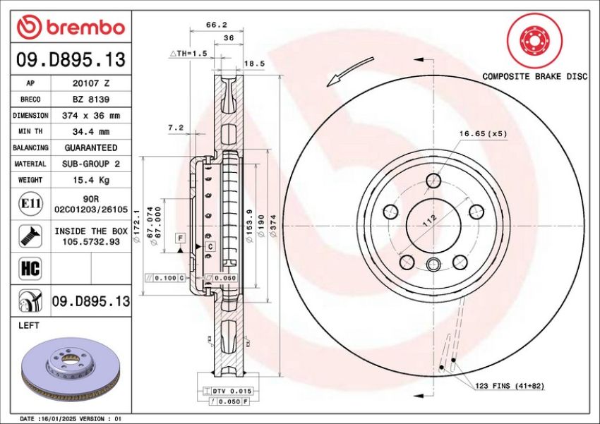Brembo 09.D895.13 Premium Vented Composite Brake Rotor