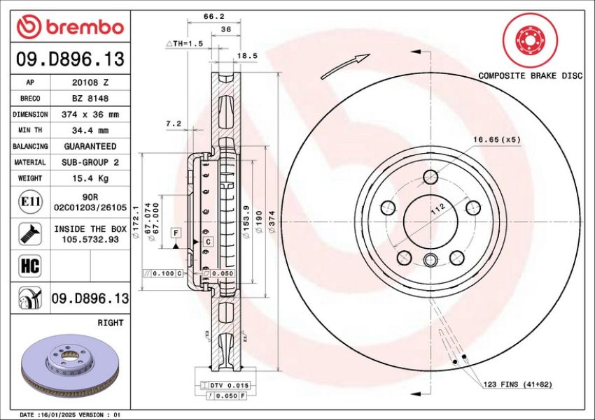 Brembo 09.D896.13 Premium Vented Composite Brake Rotor