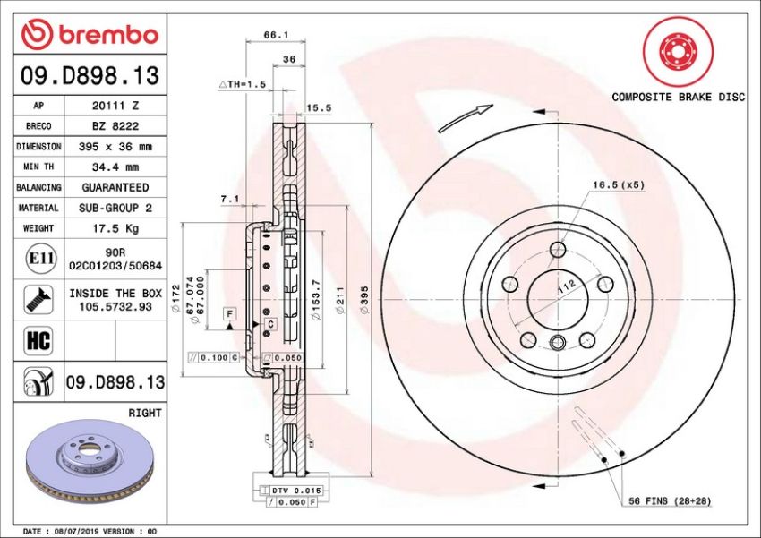 Brembo 09.D898.13 Premium Vented Composite Brake Rotor