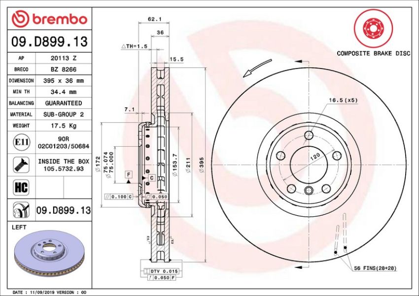 Brembo 09.D899.13 Premium Vented Composite Brake Rotor