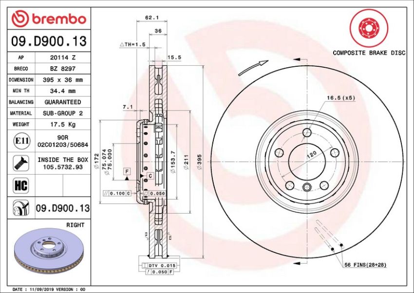 Brembo 09.D900.13 Premium Vented Composite Brake Rotor