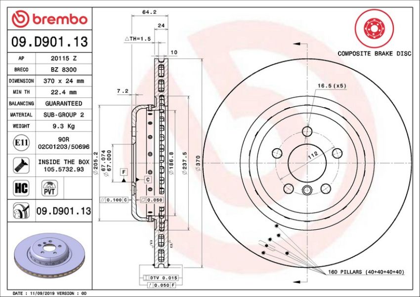 Brembo 09.D901.13 Premium Vented Composite Brake Rotor