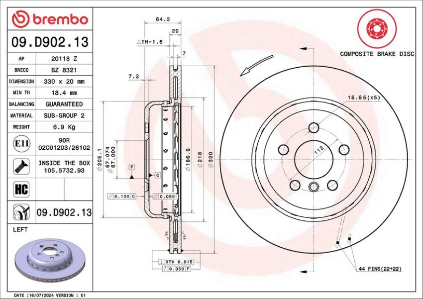 Brembo 09.D902.13 Premium Vented Composite Brake Rotor