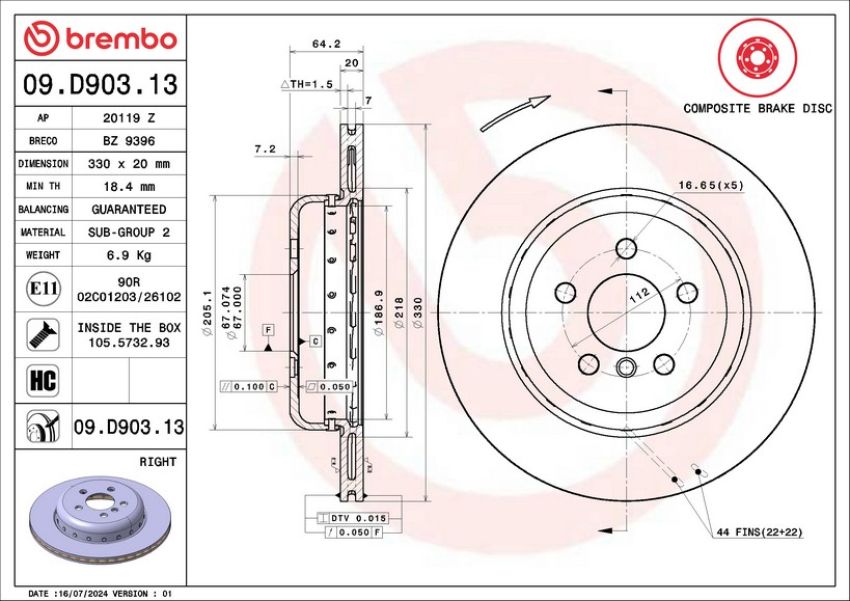Brembo 09.D903.13 Premium Vented Composite Brake Rotor