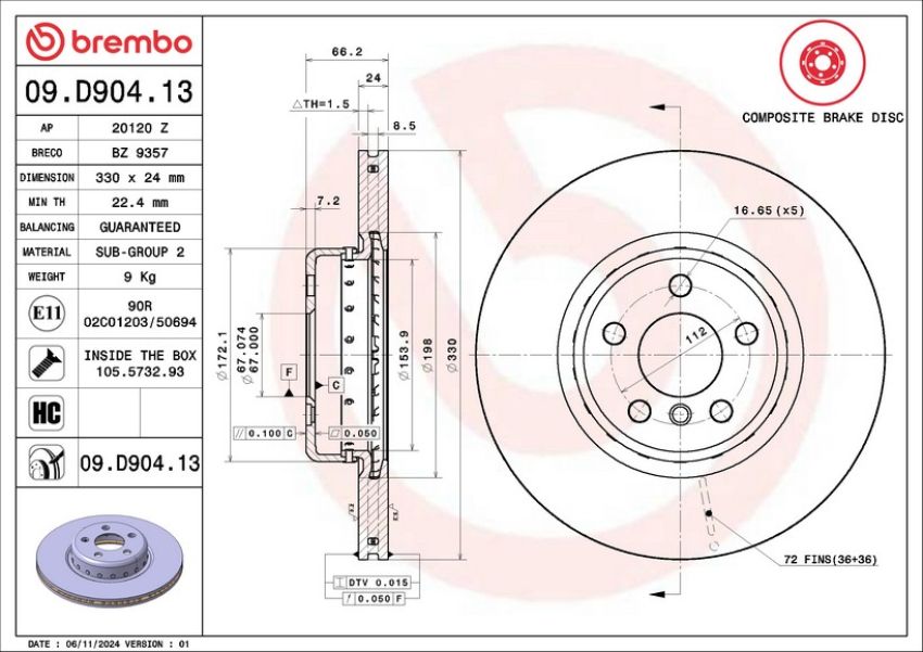 Brembo KT04356 Brembo low-met brake pad and composite vented  brake disc kit