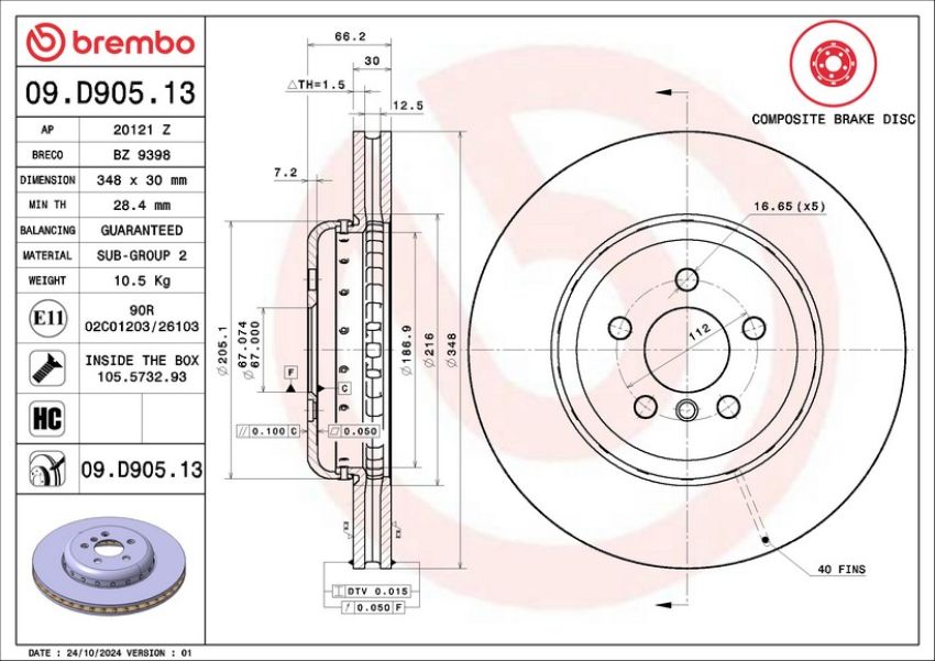 Brembo 09.D905.13 Premium Vented Composite Brake Rotor