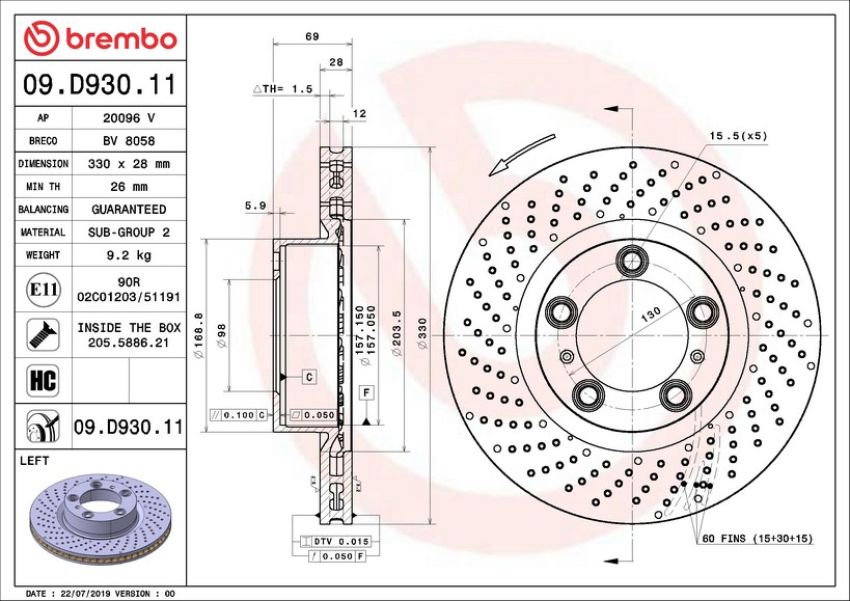Brembo 09.D930.11 Premium Coated Vented Brake Rotor