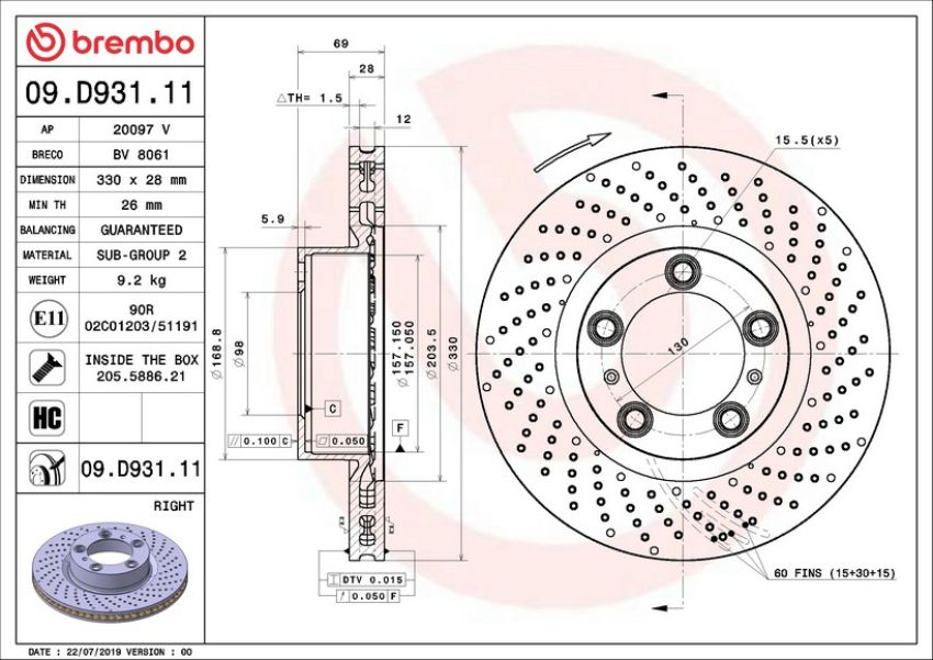 Brembo 09.D931.11 Premium Coated Vented Brake Rotor