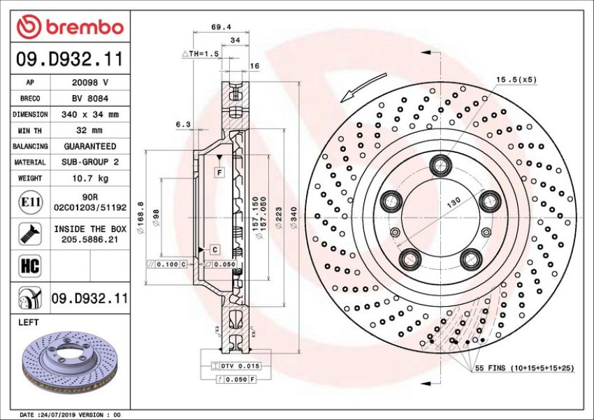 Brembo 09.D932.11 Premium Coated Vented Brake Rotor