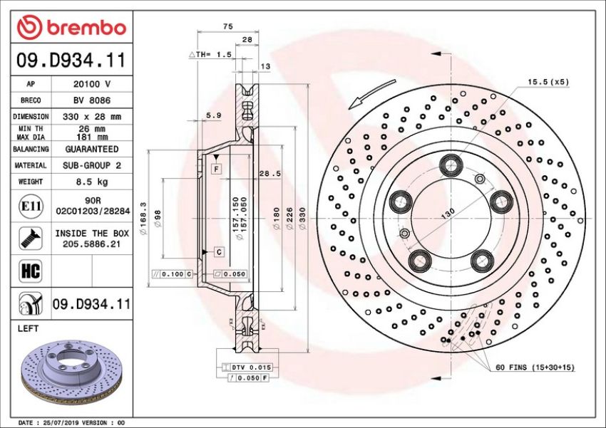 Brembo 09.D934.11 Premium Coated Vented Brake Rotor