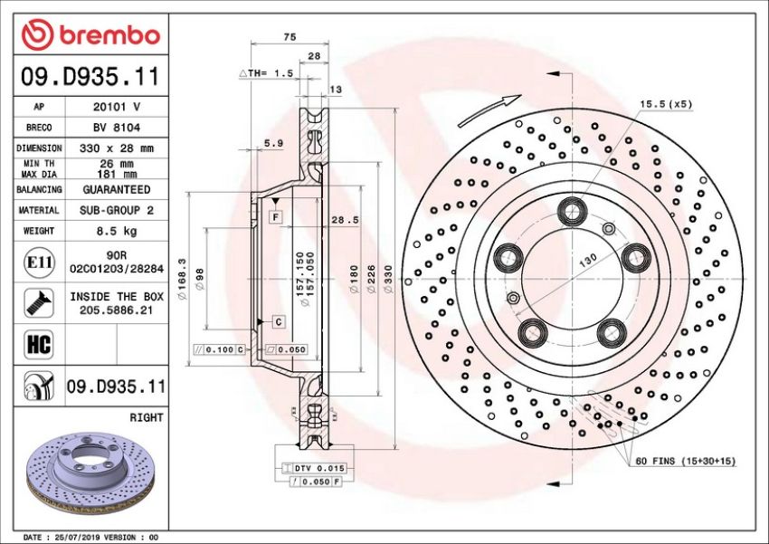 Brembo 09.D935.11 Premium Coated Vented Brake Rotor