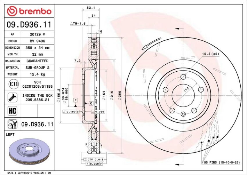 Brembo 09.D936.11 Premium Coated Vented Brake Rotor