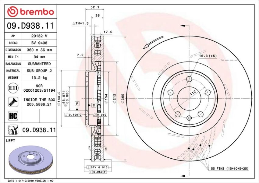 Brembo 09.D938.11 Premium Coated Vented Brake Rotor