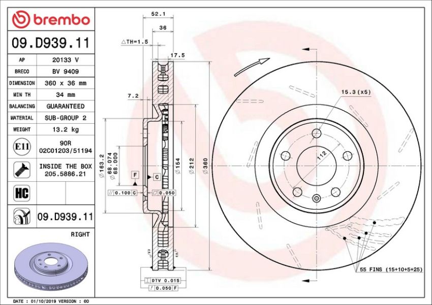 Brembo 09.D939.11 Premium Coated Vented Brake Rotor