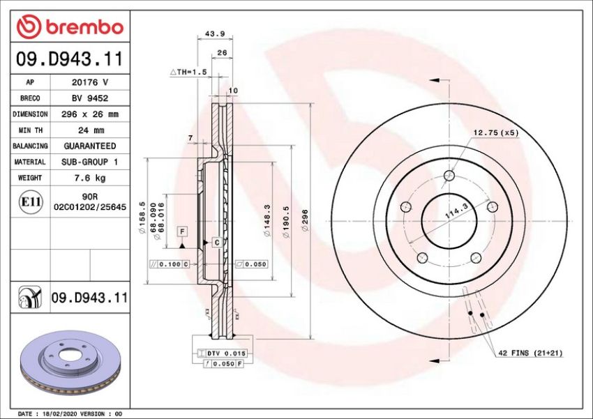 Brembo 09.D943.11 Premium Coated Vented Brake Rotor