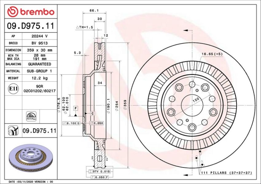 Brembo 09.D975.11 Premium Coated Vented Brake Rotor