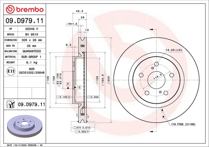 Brembo 09.D979.11 Premium Coated Vented Brake Rotor