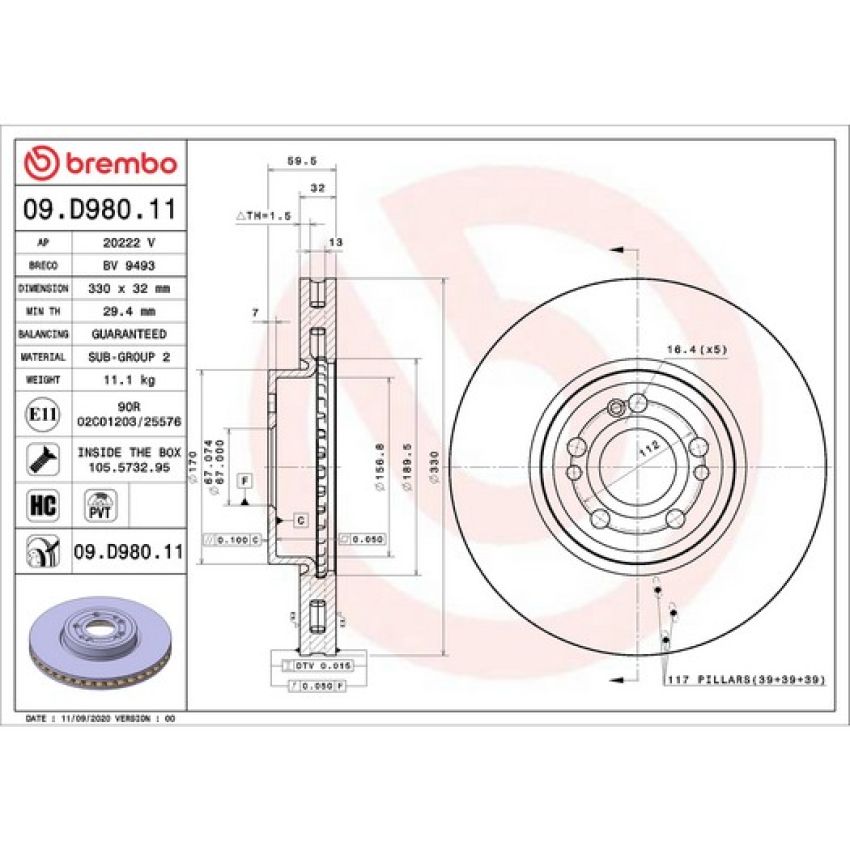Brembo 09.D980.11 Premium Coated Vented Brake Rotor