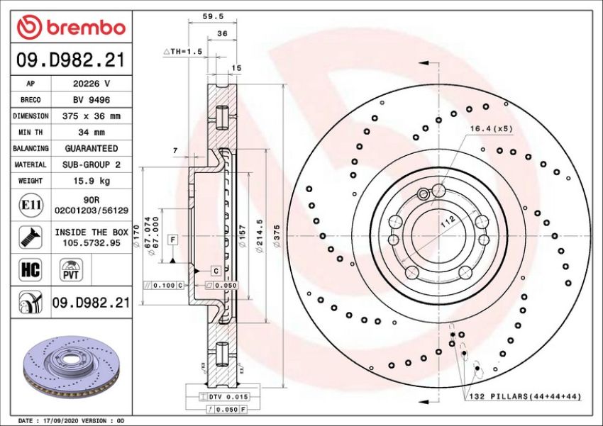 Brembo 09.D982.21 Premium Coated Vented Brake Rotor