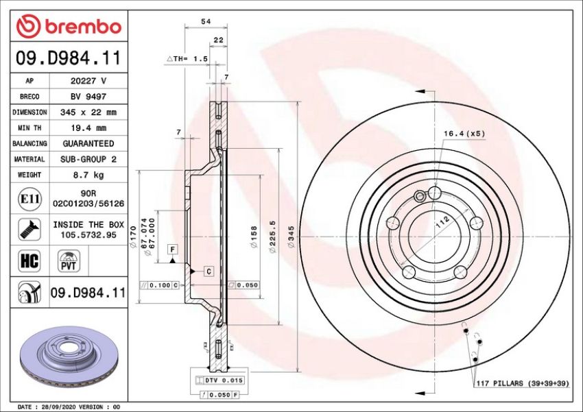 Brembo 09.D984.11 Premium Coated Vented Brake Rotor
