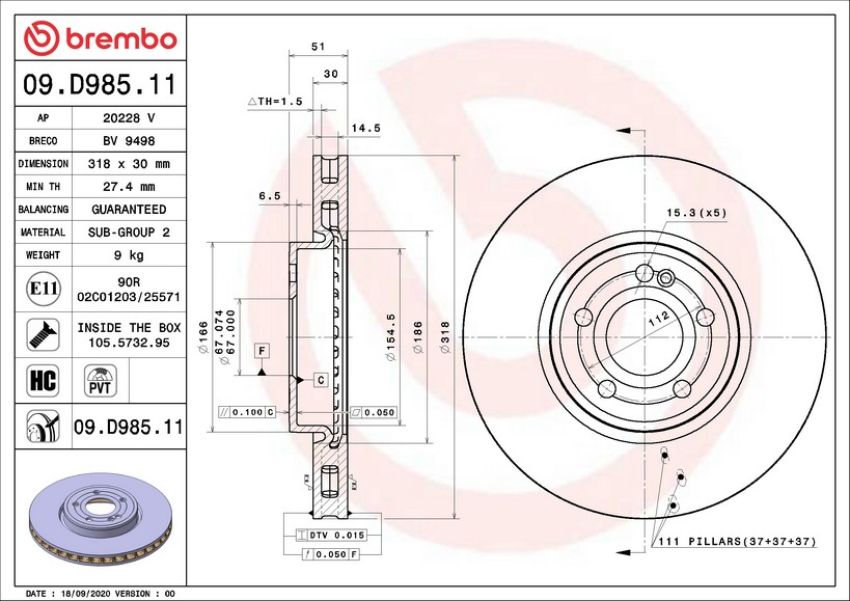 Brembo 09.D985.11 Premium Coated Vented Brake Rotor
