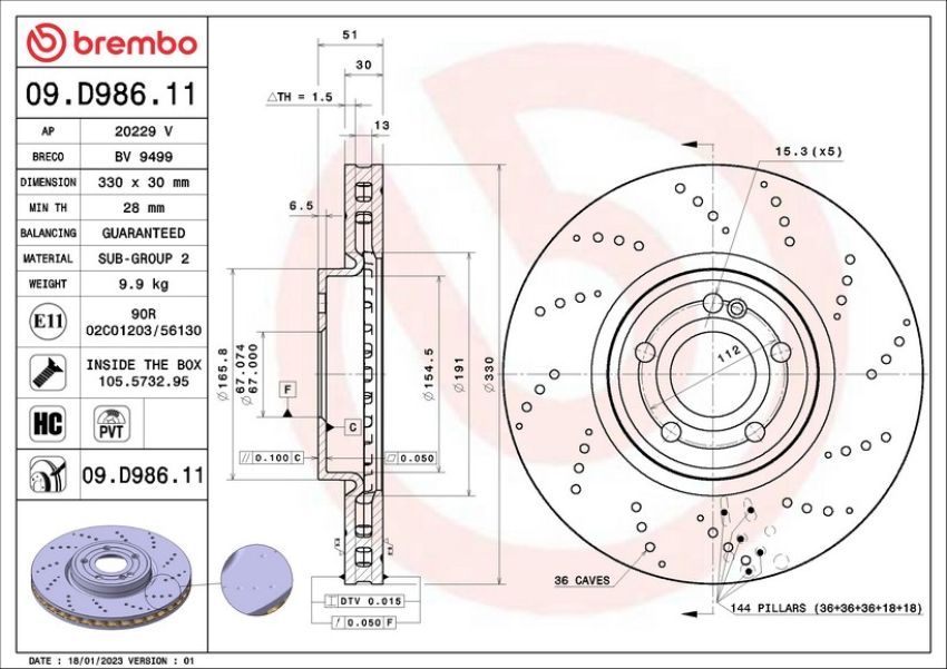 Brembo 09.D986.11 Premium Coated Vented Brake Rotor