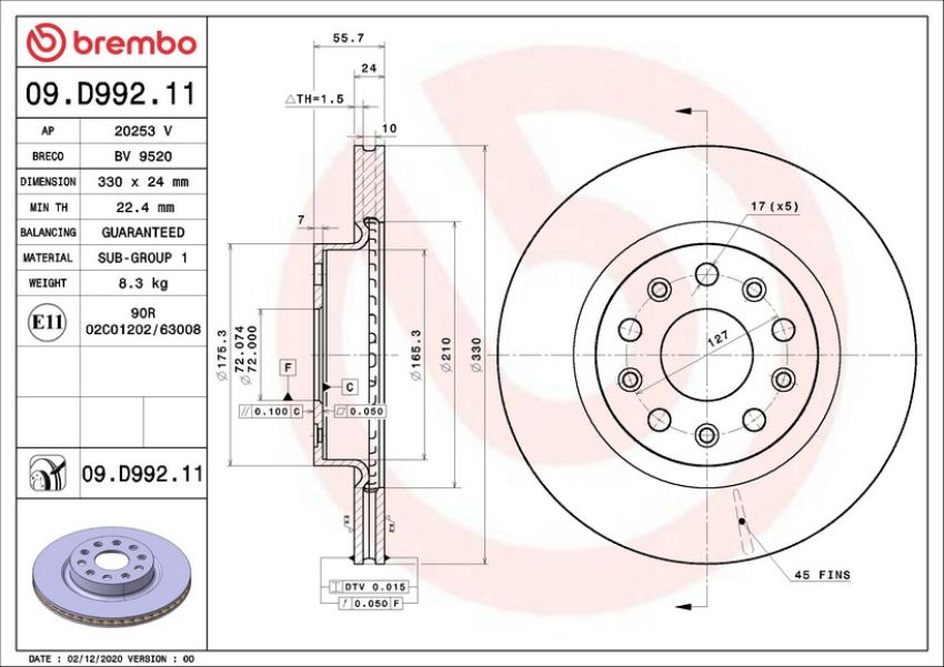 Brembo 09.D992.11 Premium Coated Vented Brake Rotor