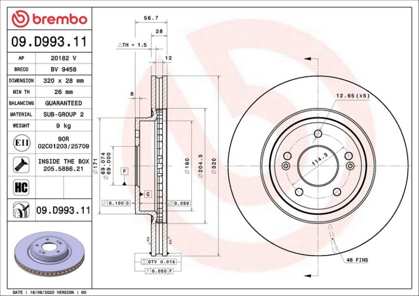 Brembo 09.D993.11 Premium Coated Vented Brake Rotor