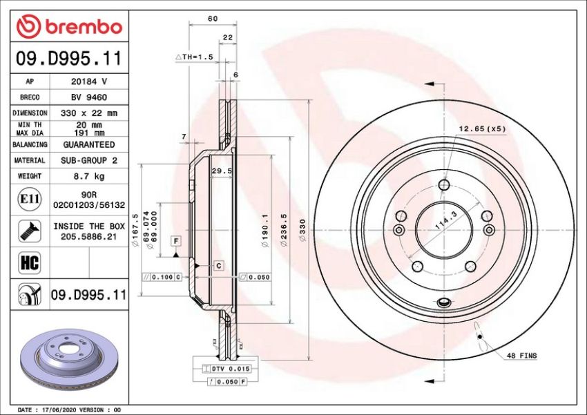 Brembo 09.D995.11 Premium Coated Vented Brake Rotor