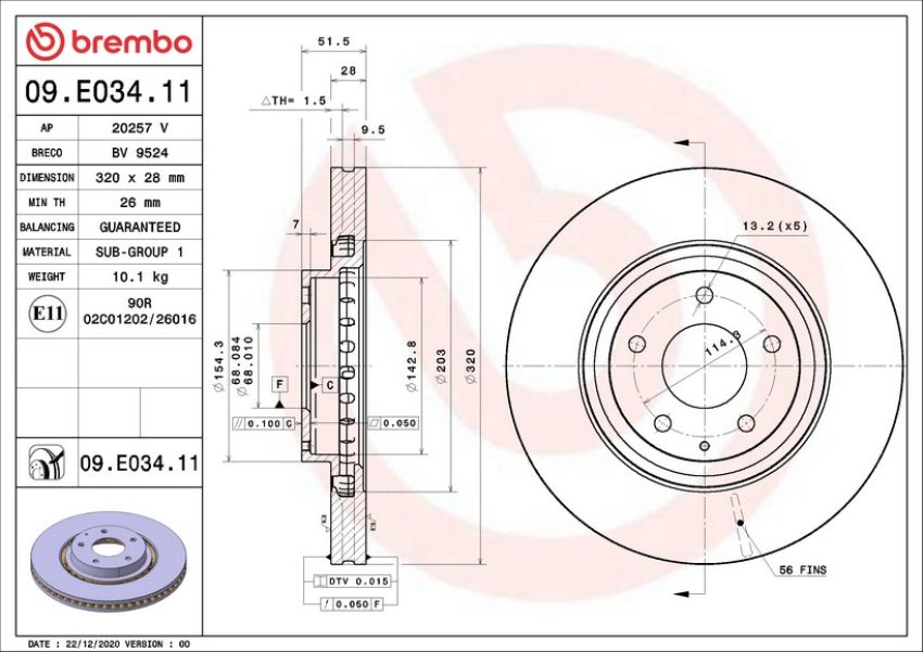 Brembo 09.E034.11 Premium Coated Vented Brake Rotor
