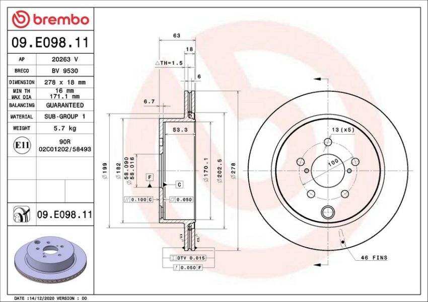 Brembo 09.E098.11 Premium Coated Vented Brake Rotor