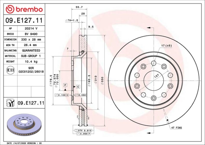Brembo 09.E127.11 Premium Coated Vented Brake Rotor