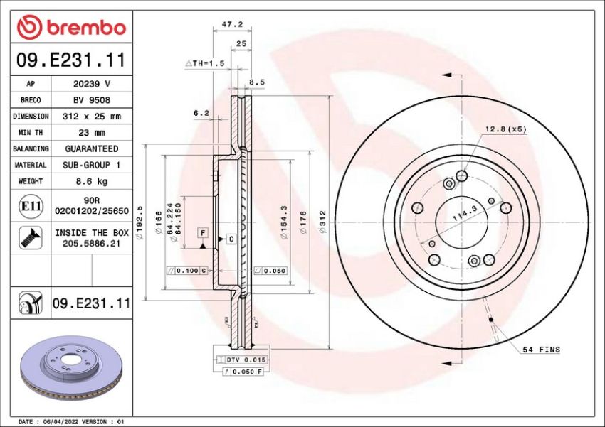 Brembo 09.E231.11 Premium Coated Vented Brake Rotor
