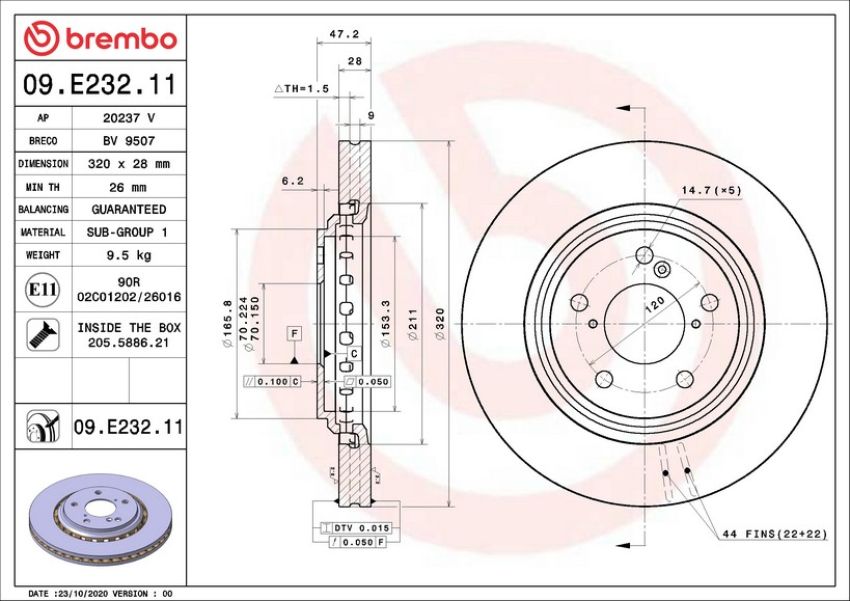 Brembo 09.E232.11 Premium Coated Vented Brake Rotor