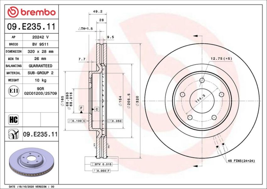 Brembo 09.E235.11 Premium Coated Vented Brake Rotor
