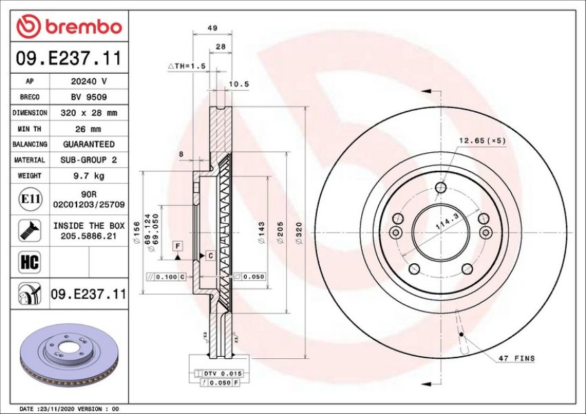Brembo 09.E237.11 Premium Coated Vented Brake Rotor