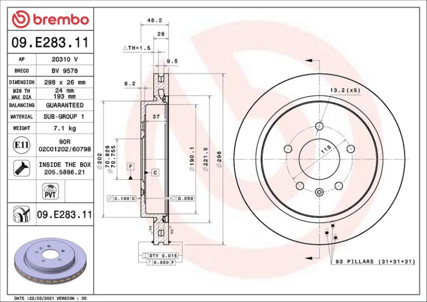 Brembo 09.E283.11 Premium Coated Vented Brake Rotor