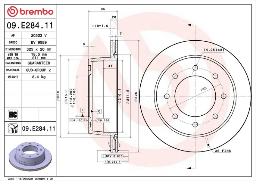 Brembo 09.E284.11 Premium Coated Vented Brake Rotor